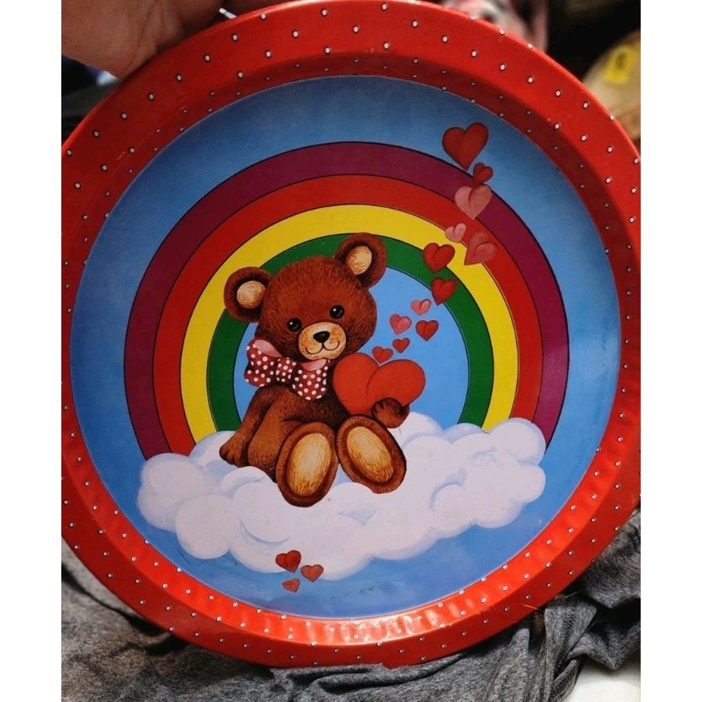 Vintage Teddy Bear Rainbow Hearts Metal Serving Tray 12" Giftco 80s Rare
